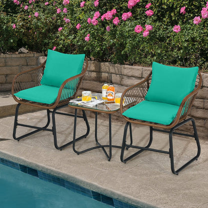 Costway 3PCS Patio Rattan Bistro Set Cushioned Chair Glass Table Deck - See Details