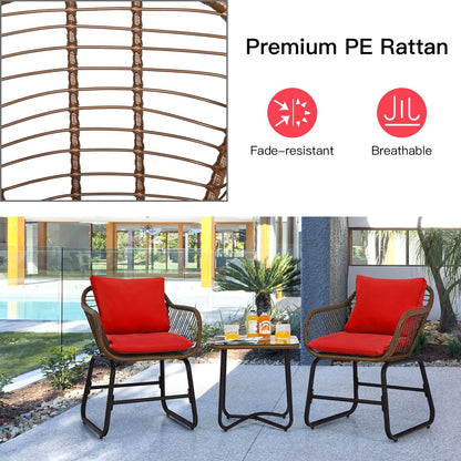Costway 3PCS Patio Rattan Bistro Set Cushioned Chair Glass Table Deck - See Details