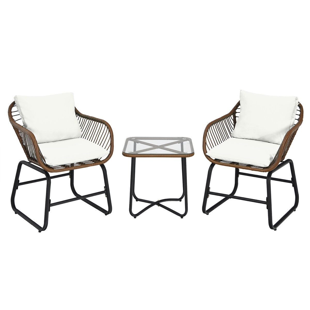 Costway 3PCS Patio Rattan Bistro Set Cushioned Chair Glass Table Deck - See Details