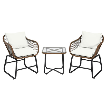 Costway 3PCS Patio Rattan Bistro Set Cushioned Chair Glass Table Deck - See Details