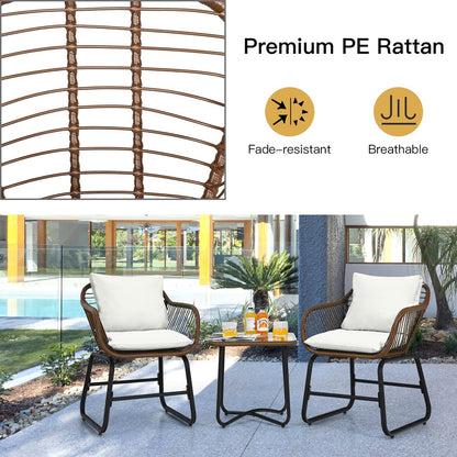 Costway 3PCS Patio Rattan Bistro Set Cushioned Chair Glass Table Deck - See Details