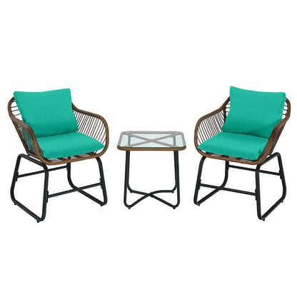 Costway 3PCS Patio Rattan Bistro Set Cushioned Chair Glass Table Deck - See Details