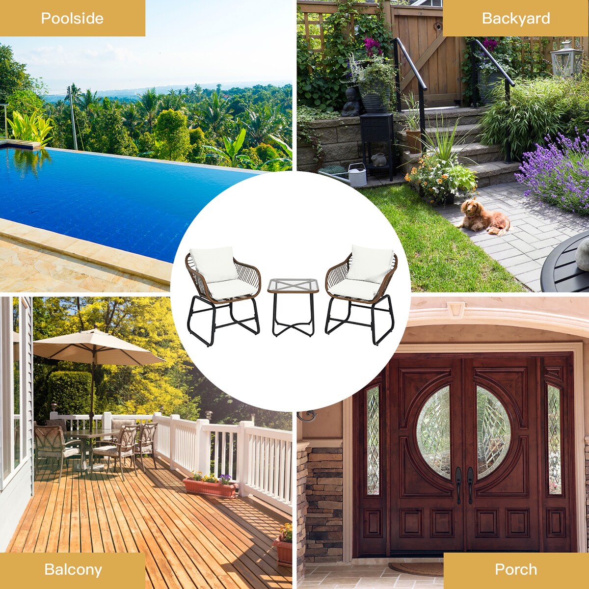 Costway 3PCS Patio Rattan Bistro Set Cushioned Chair Glass Table Deck - See Details