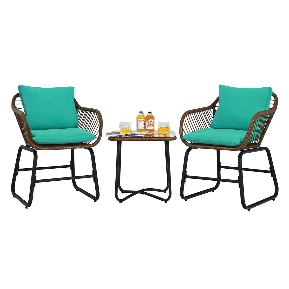 Costway 3PCS Patio Rattan Bistro Set Cushioned Chair Glass Table Deck - See Details