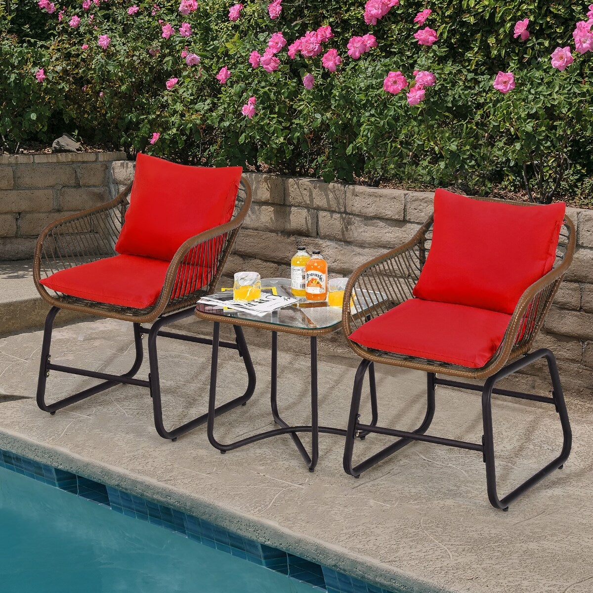 Costway 3PCS Patio Rattan Bistro Set Cushioned Chair Glass Table Deck - See Details