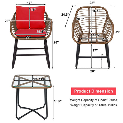 Costway 3PCS Patio Rattan Bistro Set Cushioned Chair Glass Table Deck - See Details
