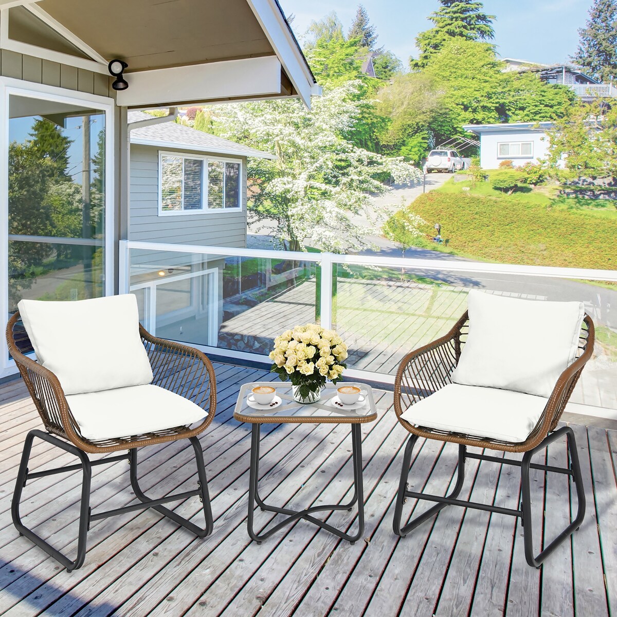 Costway 3PCS Patio Rattan Bistro Set Cushioned Chair Glass Table Deck - See Details