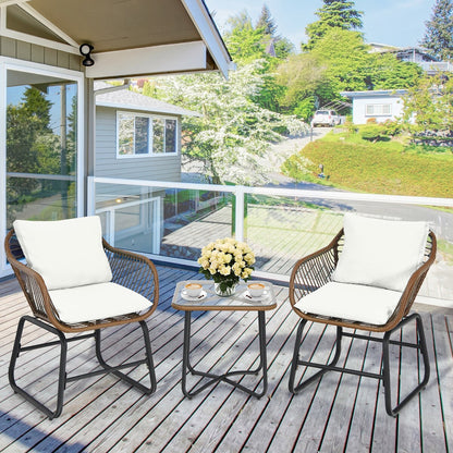 Costway 3PCS Patio Rattan Bistro Set Cushioned Chair Glass Table Deck - See Details