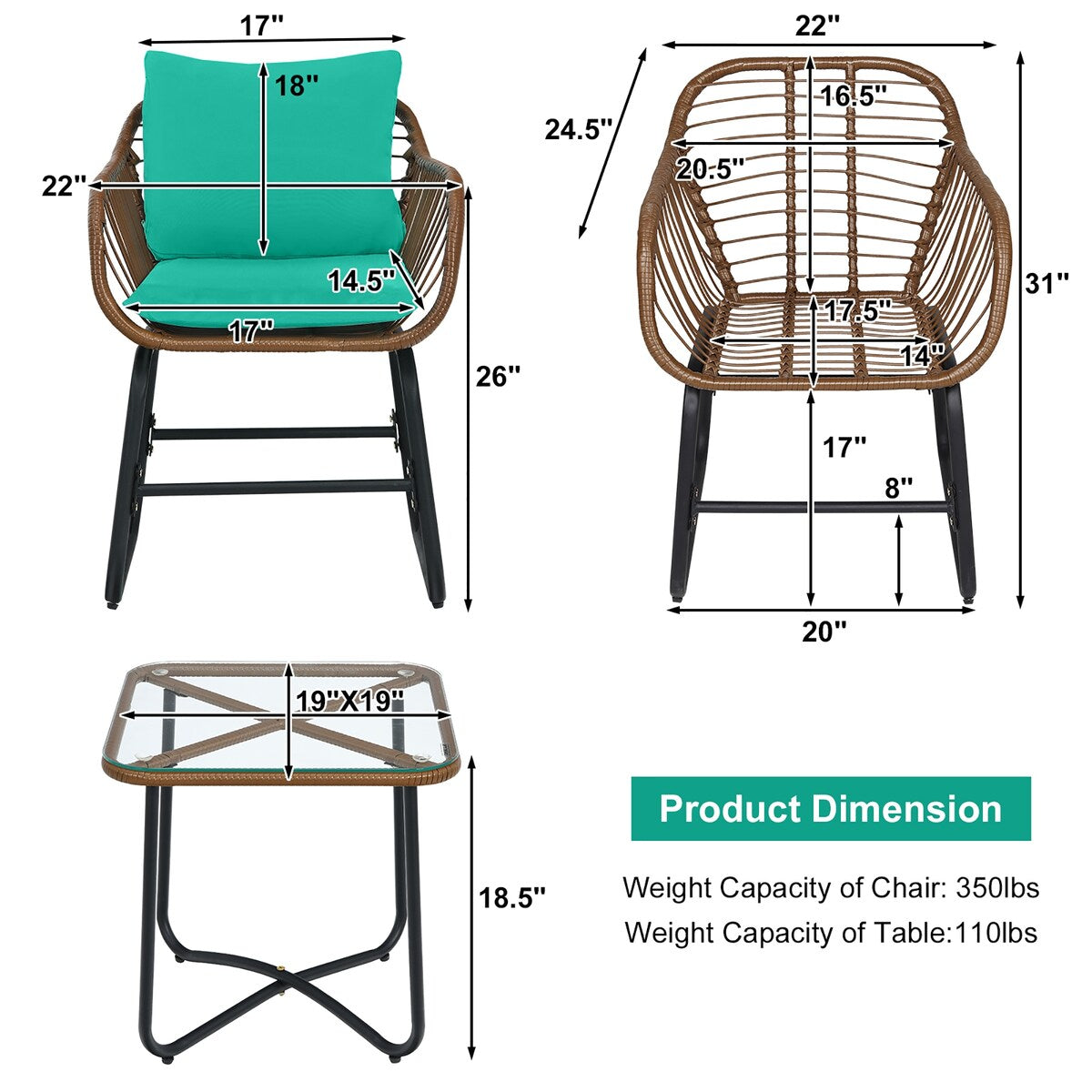 Costway 3PCS Patio Rattan Bistro Set Cushioned Chair Glass Table Deck - See Details