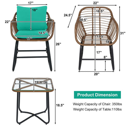 Costway 3PCS Patio Rattan Bistro Set Cushioned Chair Glass Table Deck - See Details