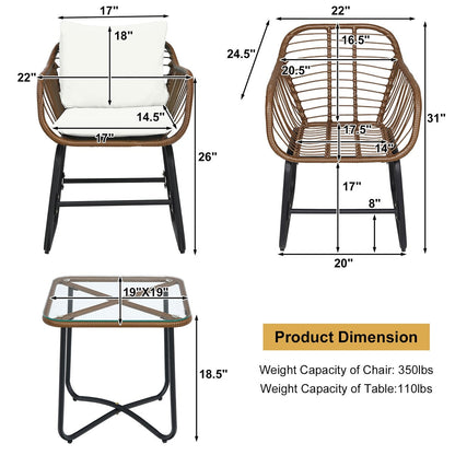 Costway 3PCS Patio Rattan Bistro Set Cushioned Chair Glass Table Deck - See Details