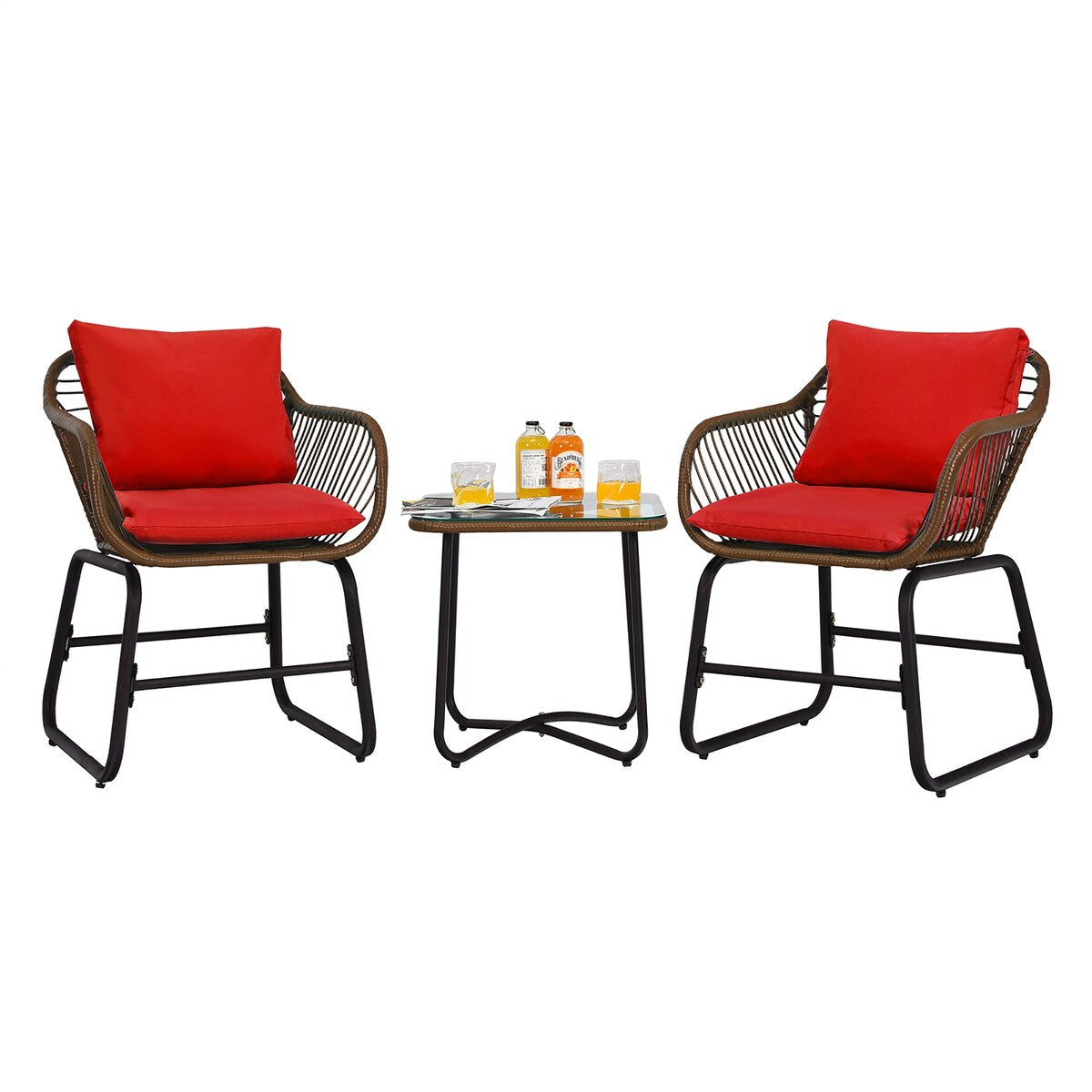 Costway 3PCS Patio Rattan Bistro Set Cushioned Chair Glass Table Deck - See Details
