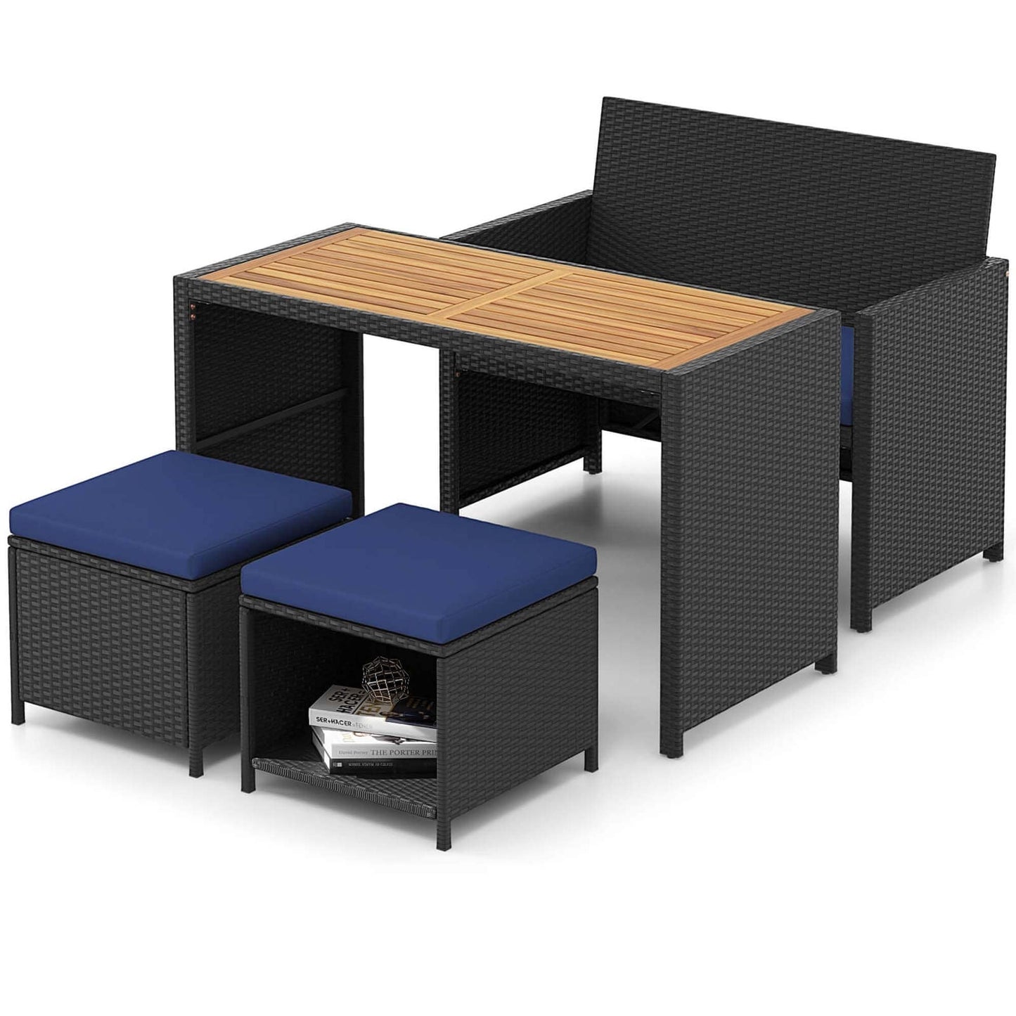 Costway 4 PCS Outdoor Dining Set, Rattan Loveseat Chair & 2 Ottomans - See Details