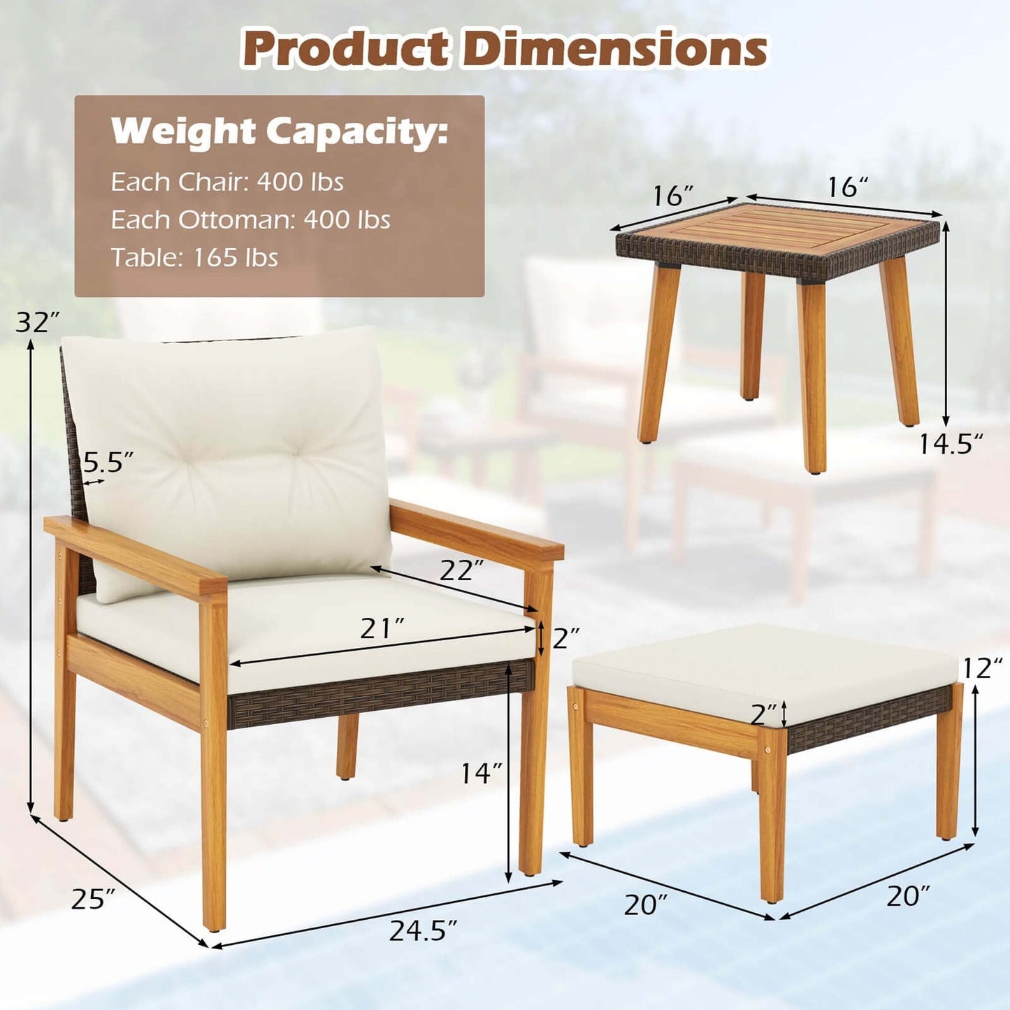 Costway 5 PCS Rattan Furniture Set Wood Frame Chairs & Ottomans with - See Details