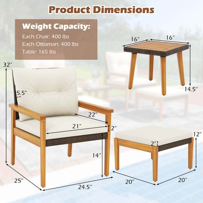 Costway 5 PCS Rattan Furniture Set Wood Frame Chairs & Ottomans with - See Details