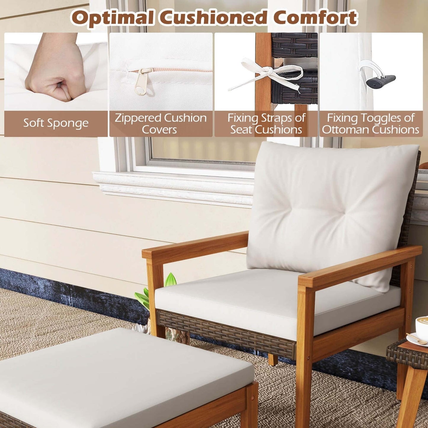 Costway 5 PCS Rattan Furniture Set Wood Frame Chairs & Ottomans with - See Details