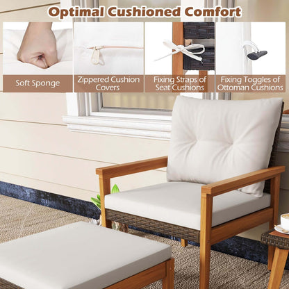 Costway 5 PCS Rattan Furniture Set Wood Frame Chairs & Ottomans with - See Details