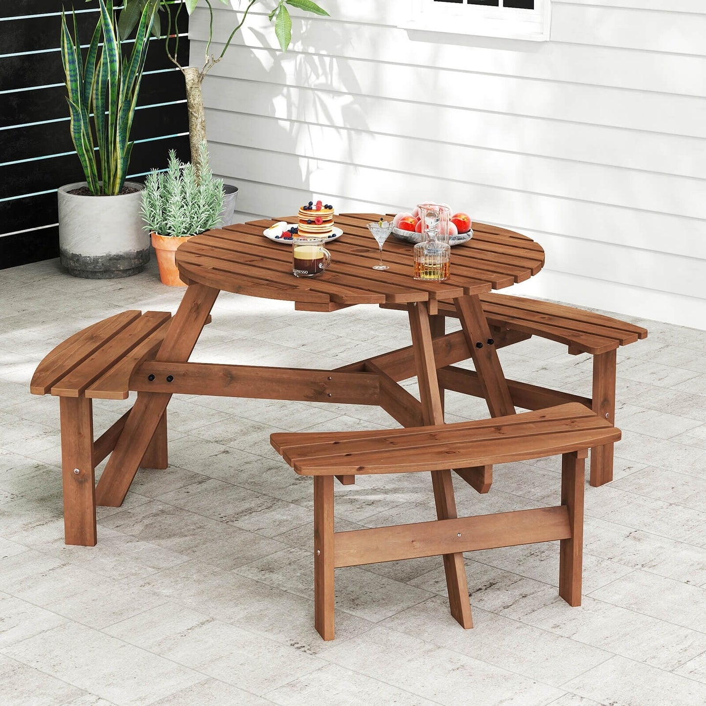Costway 6-Person Round Picnic Table Set with 3 Built-in Benches 2 - See Details