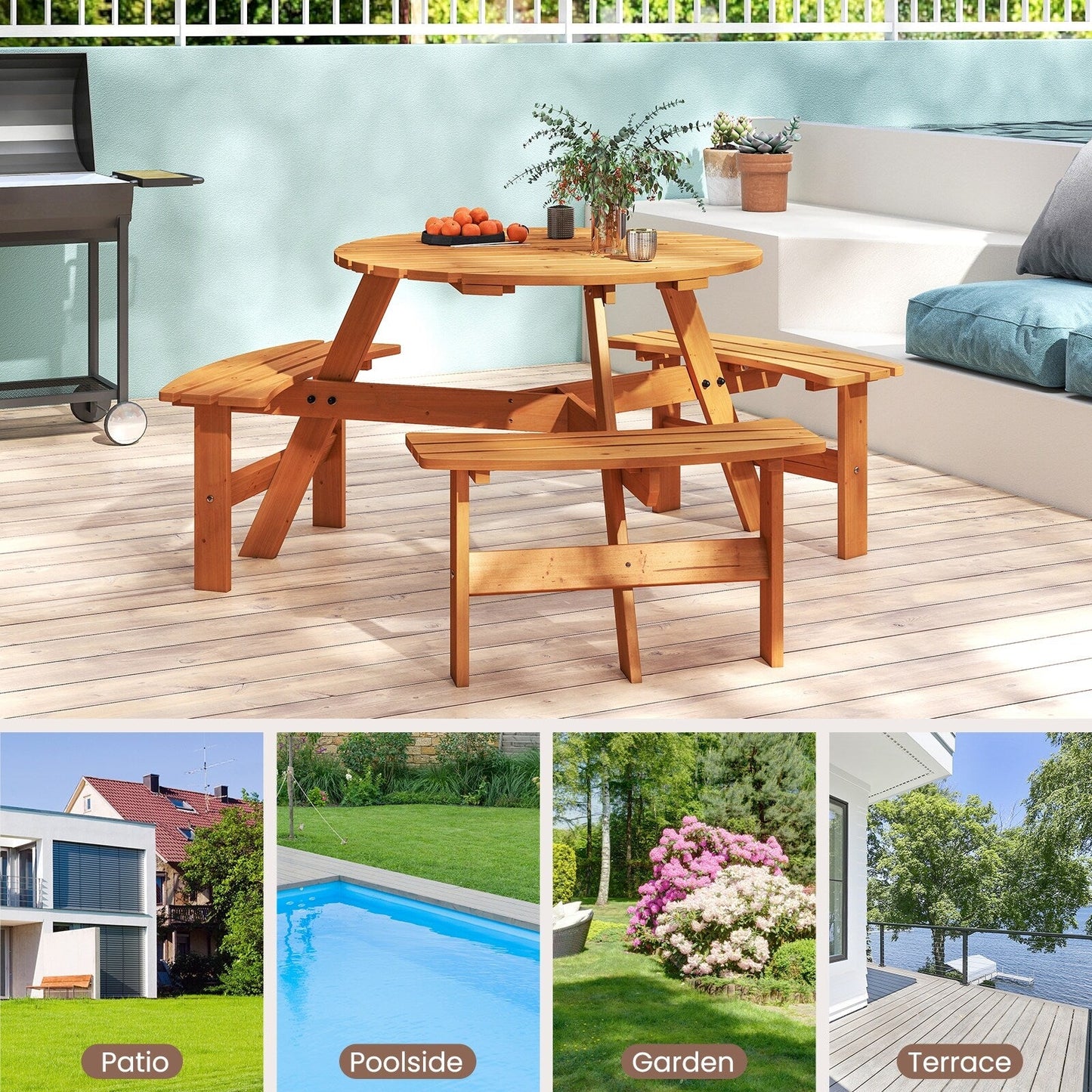 Costway 6-Person Round Picnic Table Set with 3 Built-in Benches 2 - See Details