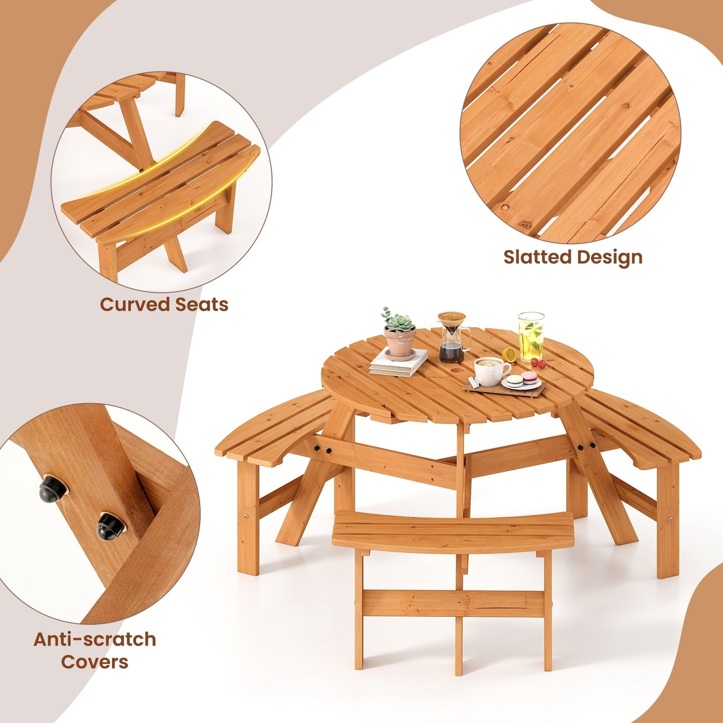 Costway 6-Person Round Picnic Table Set with 3 Built-in Benches 2 - See Details