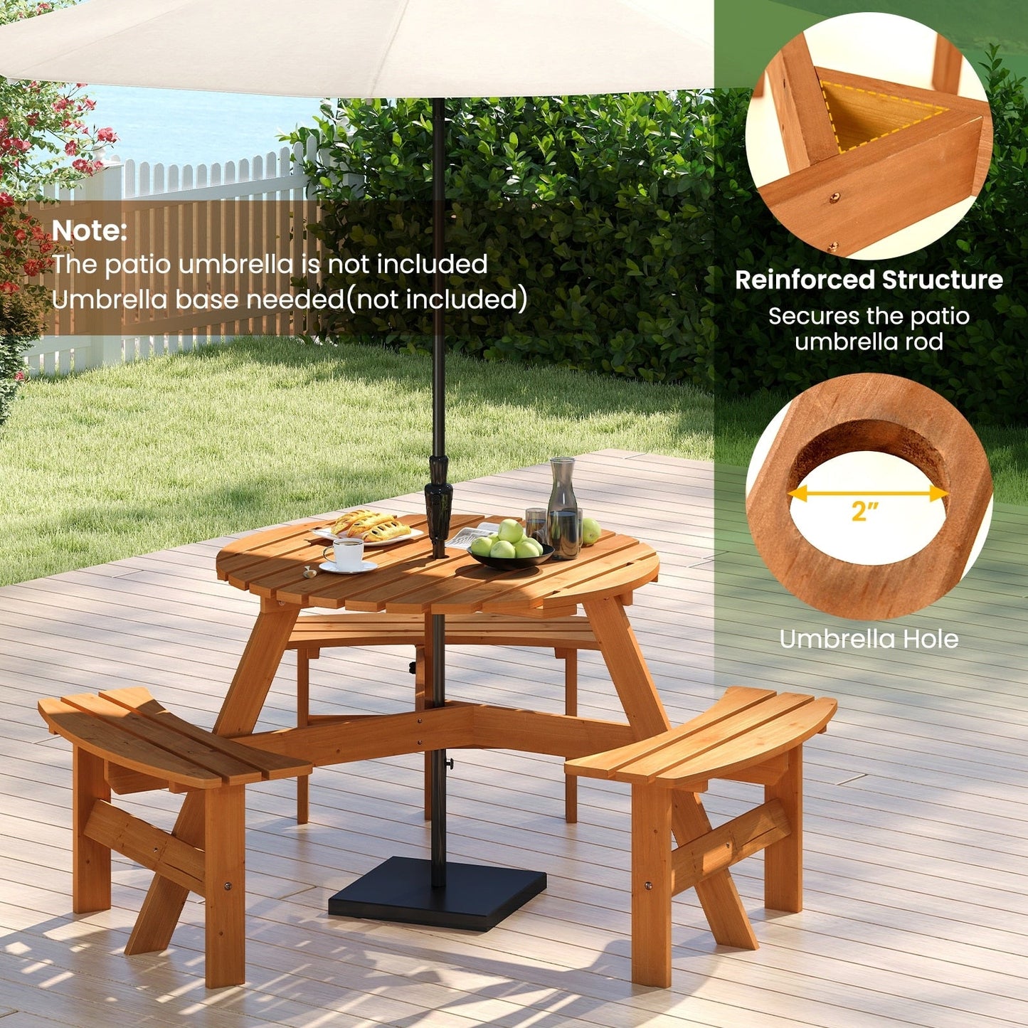 Costway 6-Person Round Picnic Table Set with 3 Built-in Benches 2 - See Details