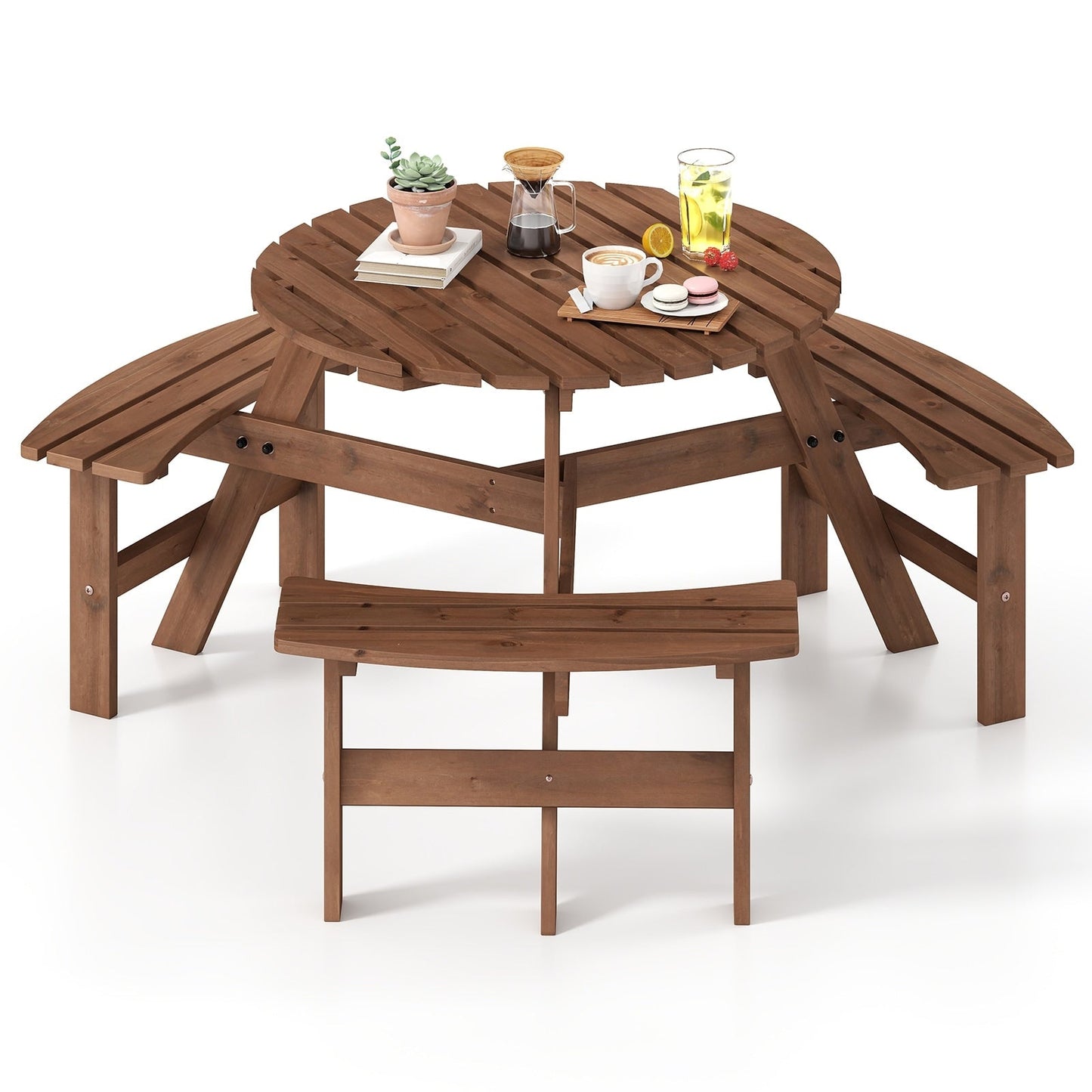 Costway 6-Person Round Picnic Table Set with 3 Built-in Benches 2 - See Details