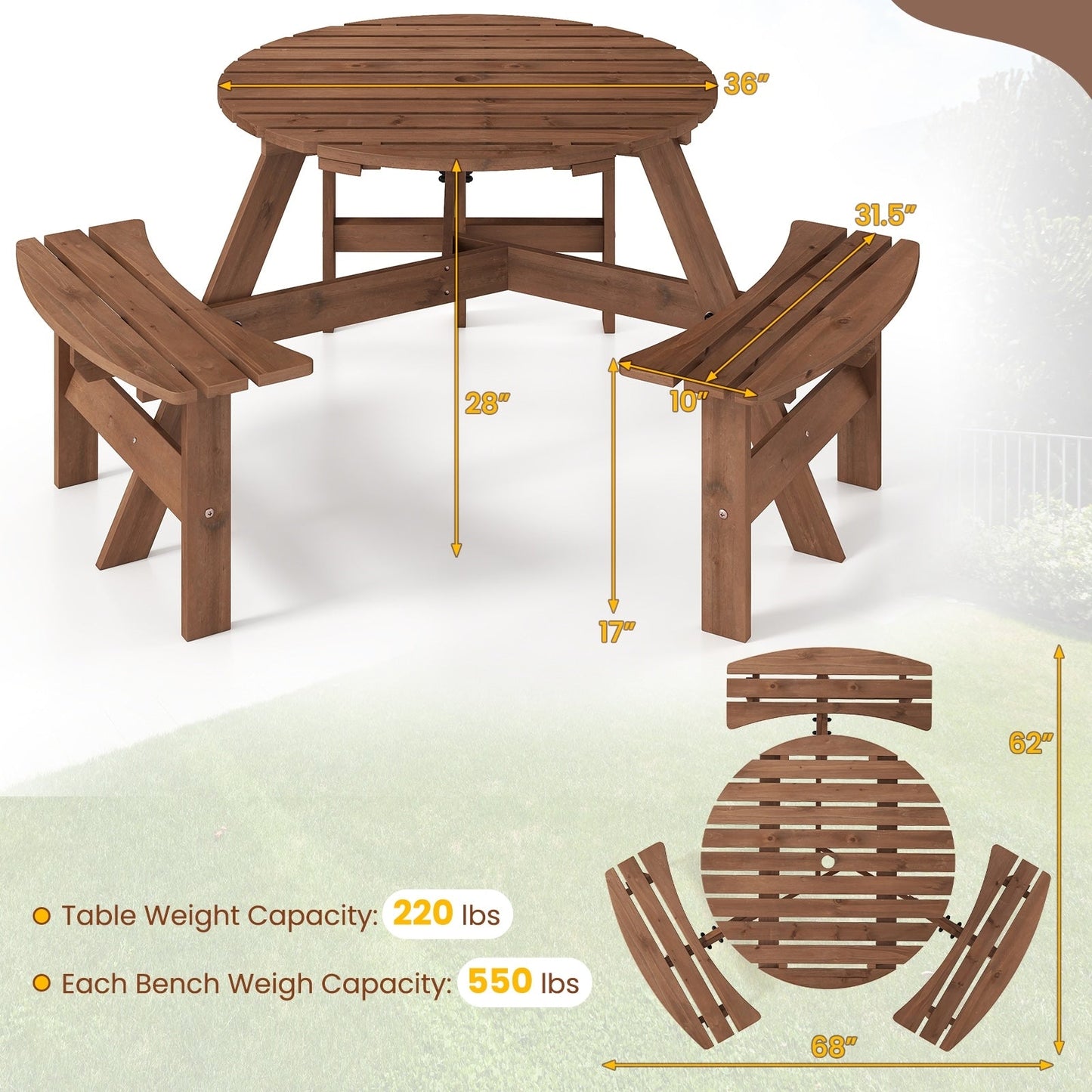 Costway 6-Person Round Picnic Table Set with 3 Built-in Benches 2 - See Details