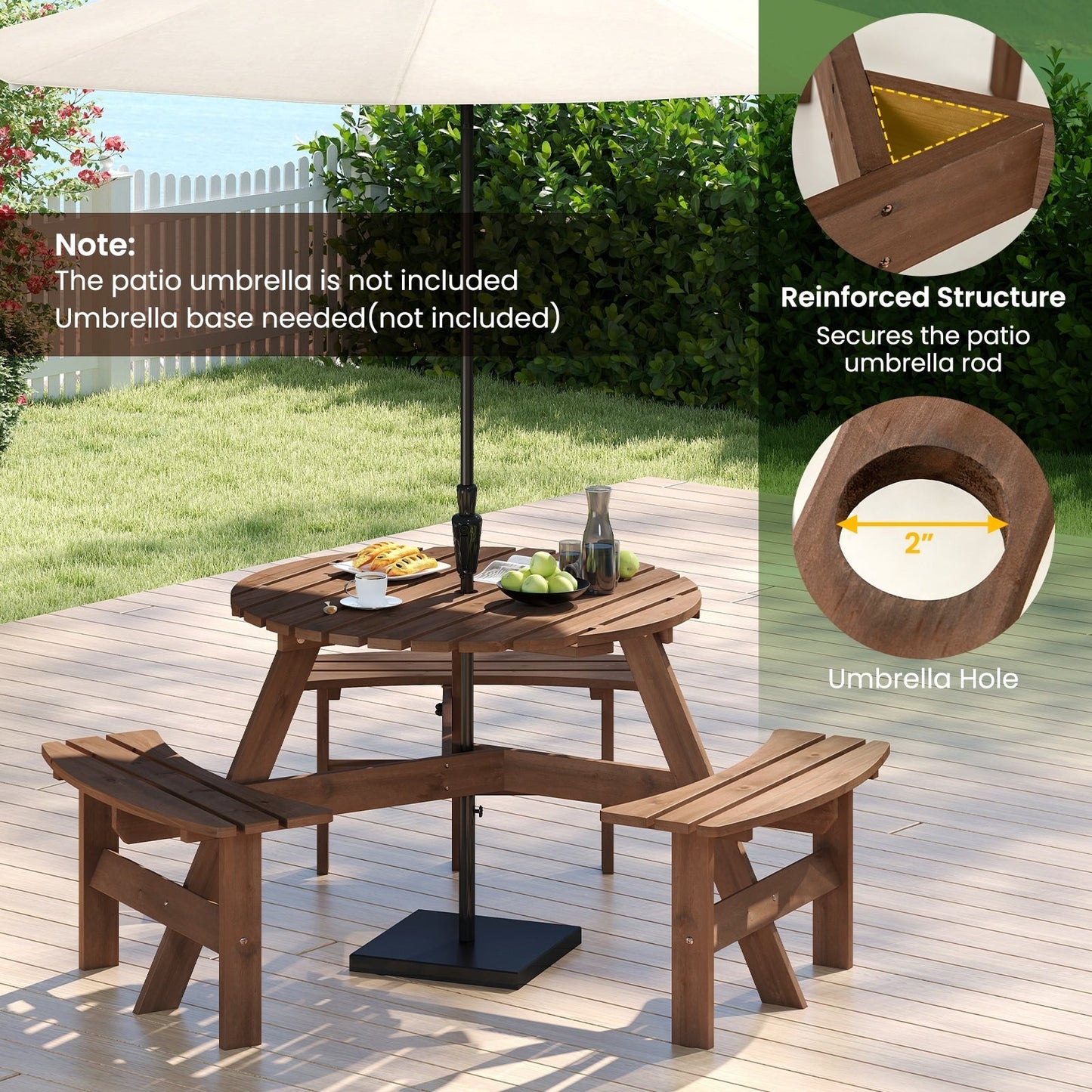 Costway 6-Person Round Picnic Table Set with 3 Built-in Benches 2 - See Details