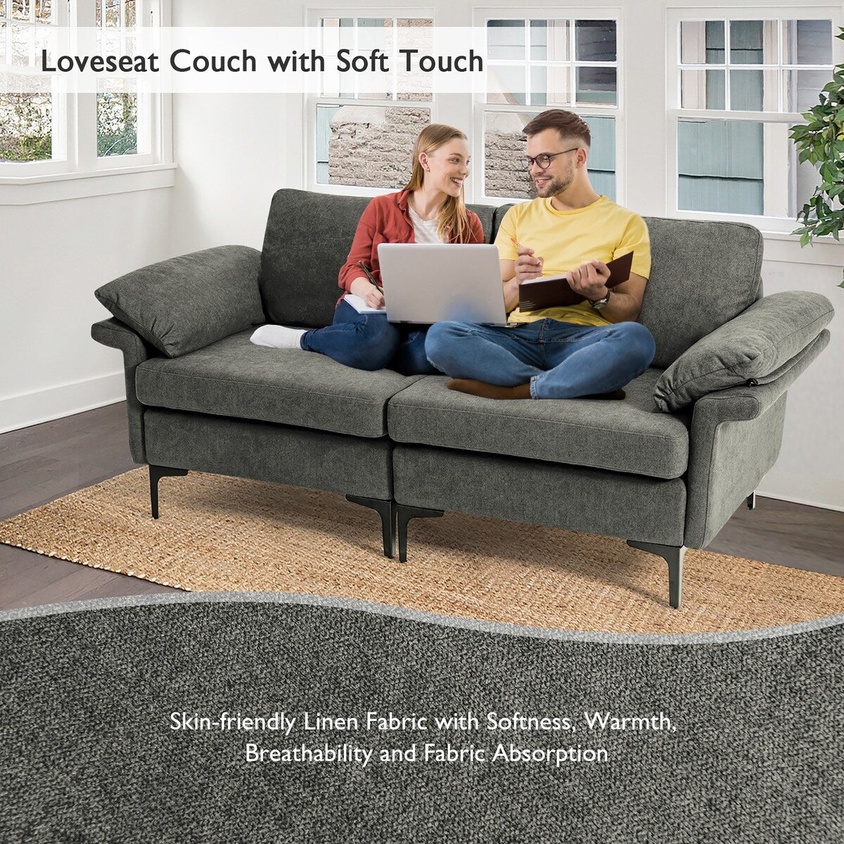 Costway Modern Loveseat Fabric 2-Seat Sofa Couch for Small Space w/ - See Details