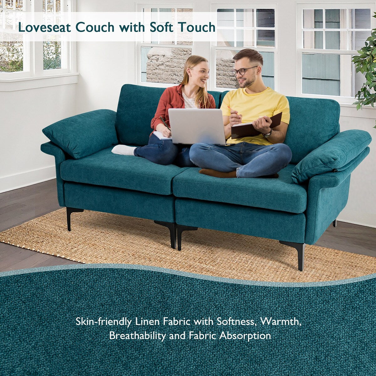 Costway Modern Loveseat Fabric 2-Seat Sofa Couch for Small Space w/ - See Details