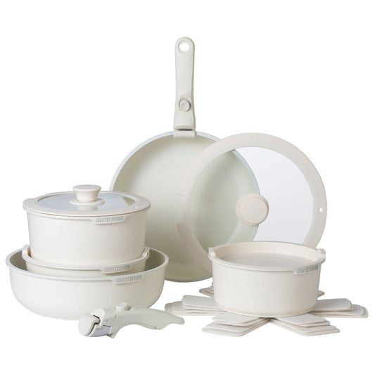 Country Kitchen RV Cookware- 13 Piece Aluminum Pots and Pans with Removable Handle Oven Safe