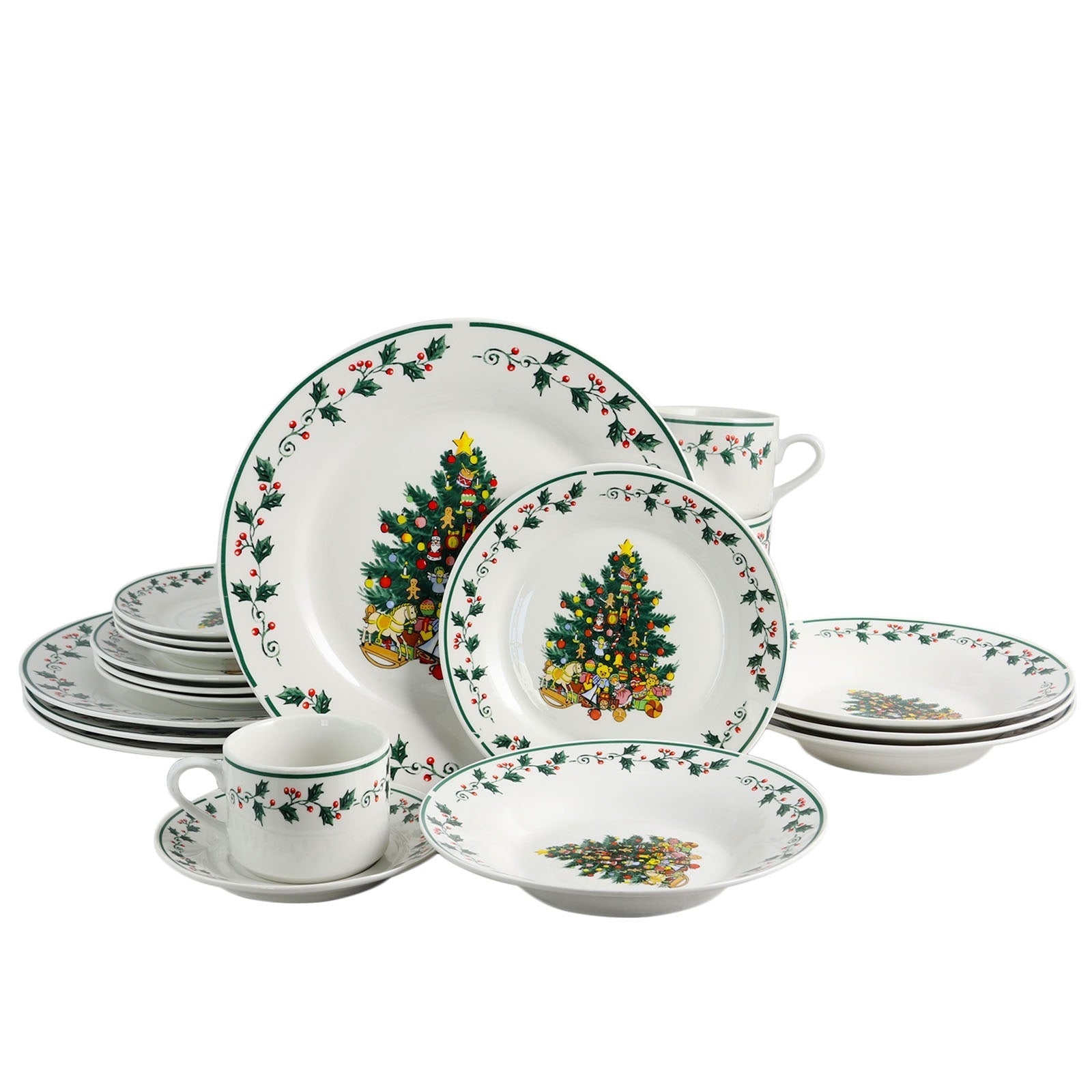 Cozy Christmas Tree Fine Ceramic 20 Piece Decorated Dinnerware Set