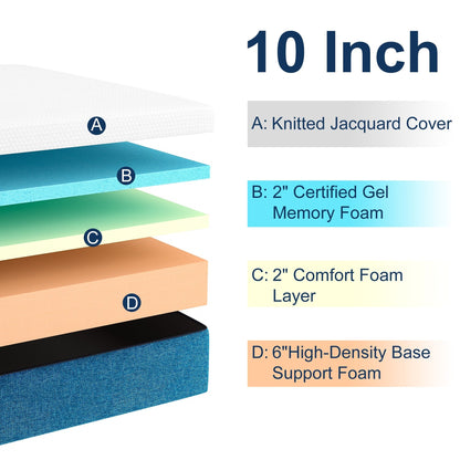 Stiku 10 Size Medium Plush Mattress Gel Memory Foam Bed-in-a-Box,Low Motion Transper