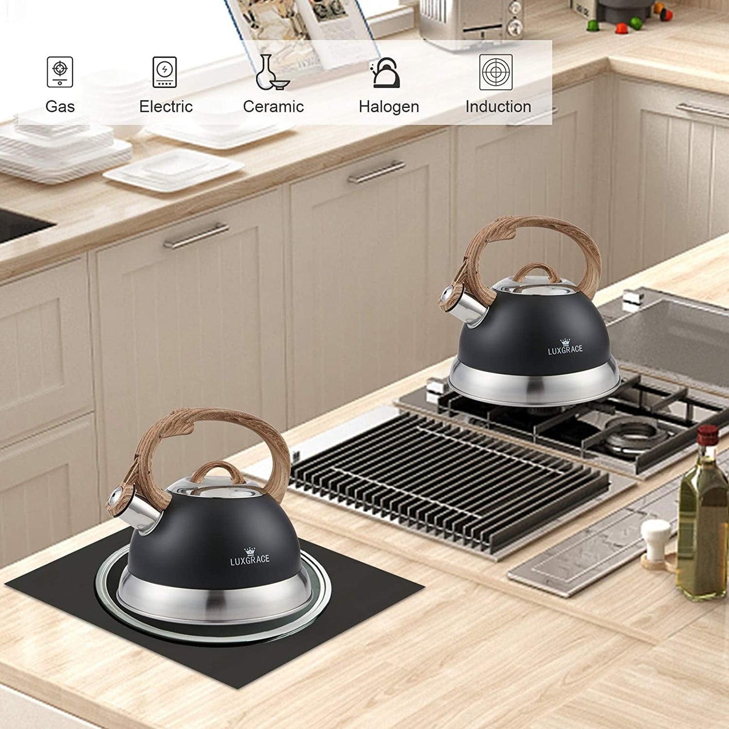 Creative Home 2.3 Qt. Stainless Steel Whistling Tea Kettle Teapot with Ergonomic Wood Rubber Touching Handle, Opaque Black