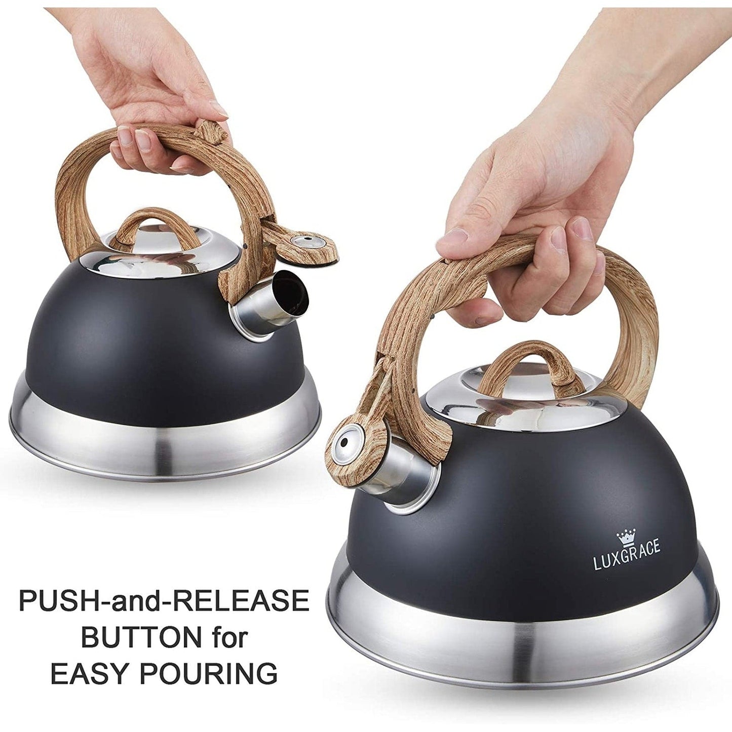 Creative Home 2.3 Qt. Stainless Steel Whistling Tea Kettle Teapot with Ergonomic Wood Rubber Touching Handle, Opaque Black