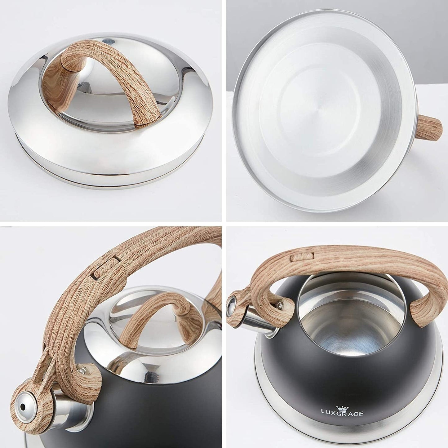 Creative Home 2.3 Qt. Stainless Steel Whistling Tea Kettle Teapot with Ergonomic Wood Rubber Touching Handle, Opaque Black
