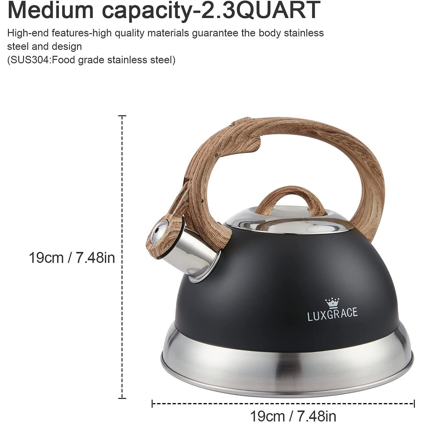 Creative Home 2.3 Qt. Stainless Steel Whistling Tea Kettle Teapot with Ergonomic Wood Rubber Touching Handle, Opaque Black