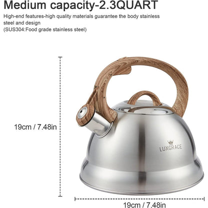 Creative Home 2.3 Qt. Stainless Steel Whistling Tea Kettle Teapot with Ergonomic Wood Rubber Touching Handle, Satin Finish