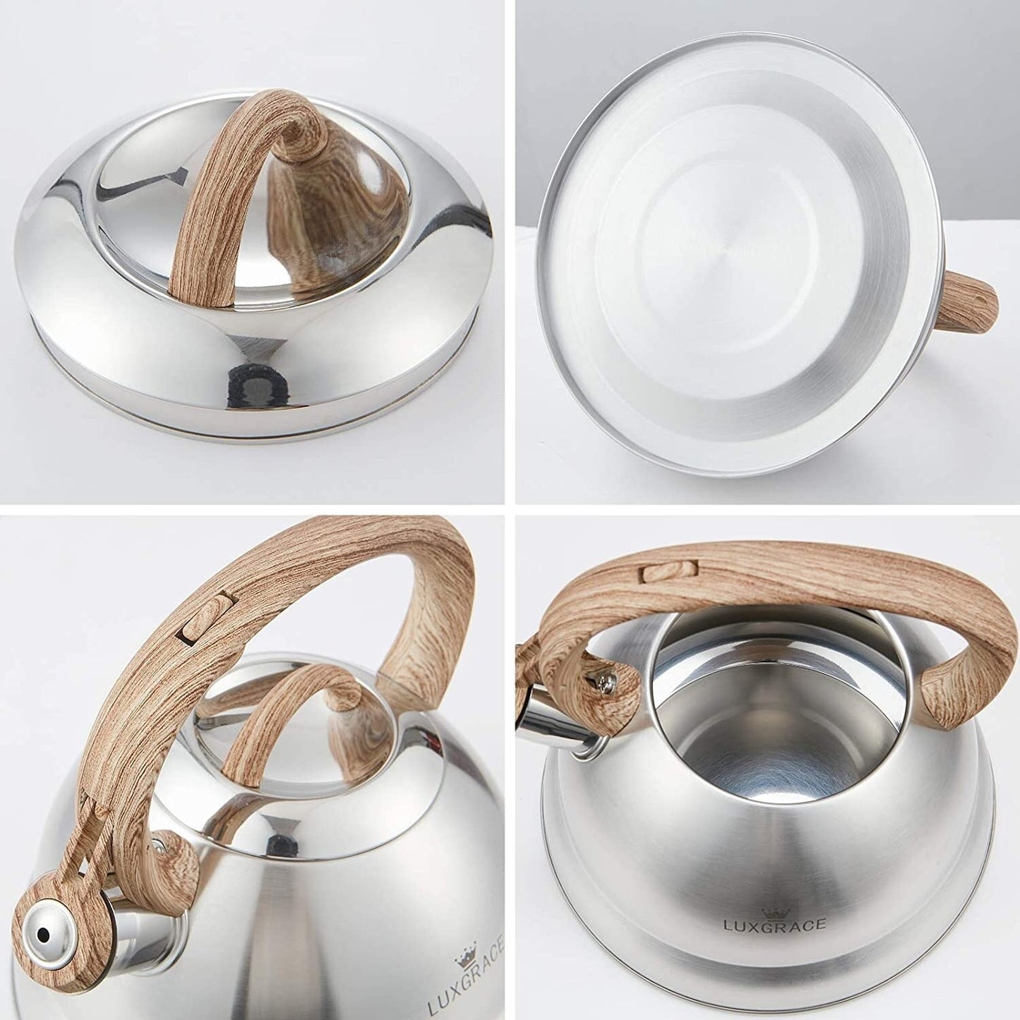 Creative Home 2.3 Qt. Stainless Steel Whistling Tea Kettle Teapot with Ergonomic Wood Rubber Touching Handle, Satin Finish