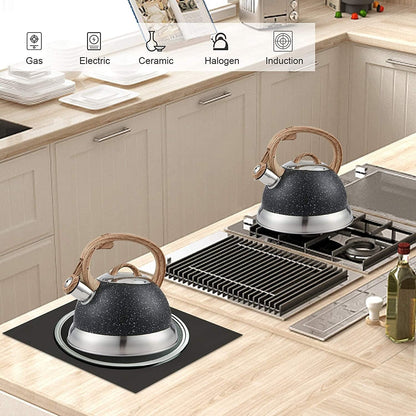 Creative Home 2.3 Qt. Stainless Steel Whistling Tea Kettle with Ergonomic Wood Rubber Touching Handle, Opaque Black with Speckle