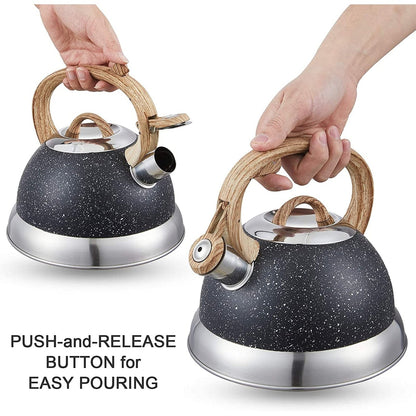 Creative Home 2.3 Qt. Stainless Steel Whistling Tea Kettle with Ergonomic Wood Rubber Touching Handle, Opaque Black with Speckle
