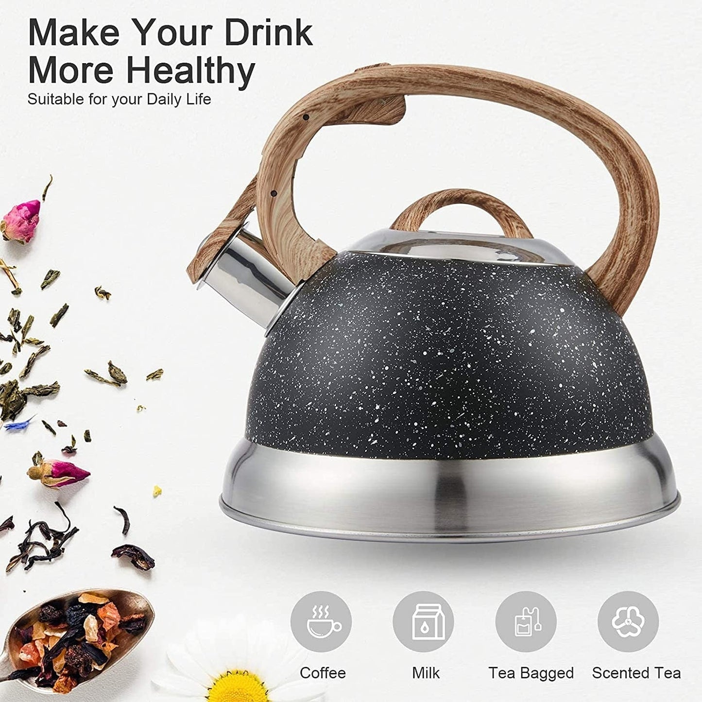 Creative Home 2.3 Qt. Stainless Steel Whistling Tea Kettle with Ergonomic Wood Rubber Touching Handle, Opaque Black with Speckle
