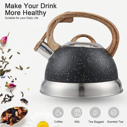 Creative Home 2.3 Qt. Stainless Steel Whistling Tea Kettle with Ergonomic Wood Rubber Touching Handle, Opaque Black with Speckle