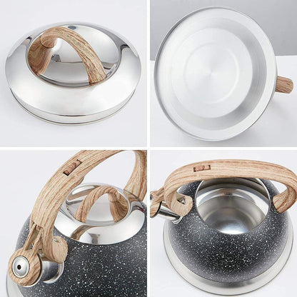 Creative Home 2.3 Qt. Stainless Steel Whistling Tea Kettle with Ergonomic Wood Rubber Touching Handle, Opaque Black with Speckle