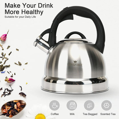 Creative Home 3.0 Qt. Stainless Steel Whistling Tea Kettle with Ergonomic Handle for Fast Boiling Heat Water, Satin Finish