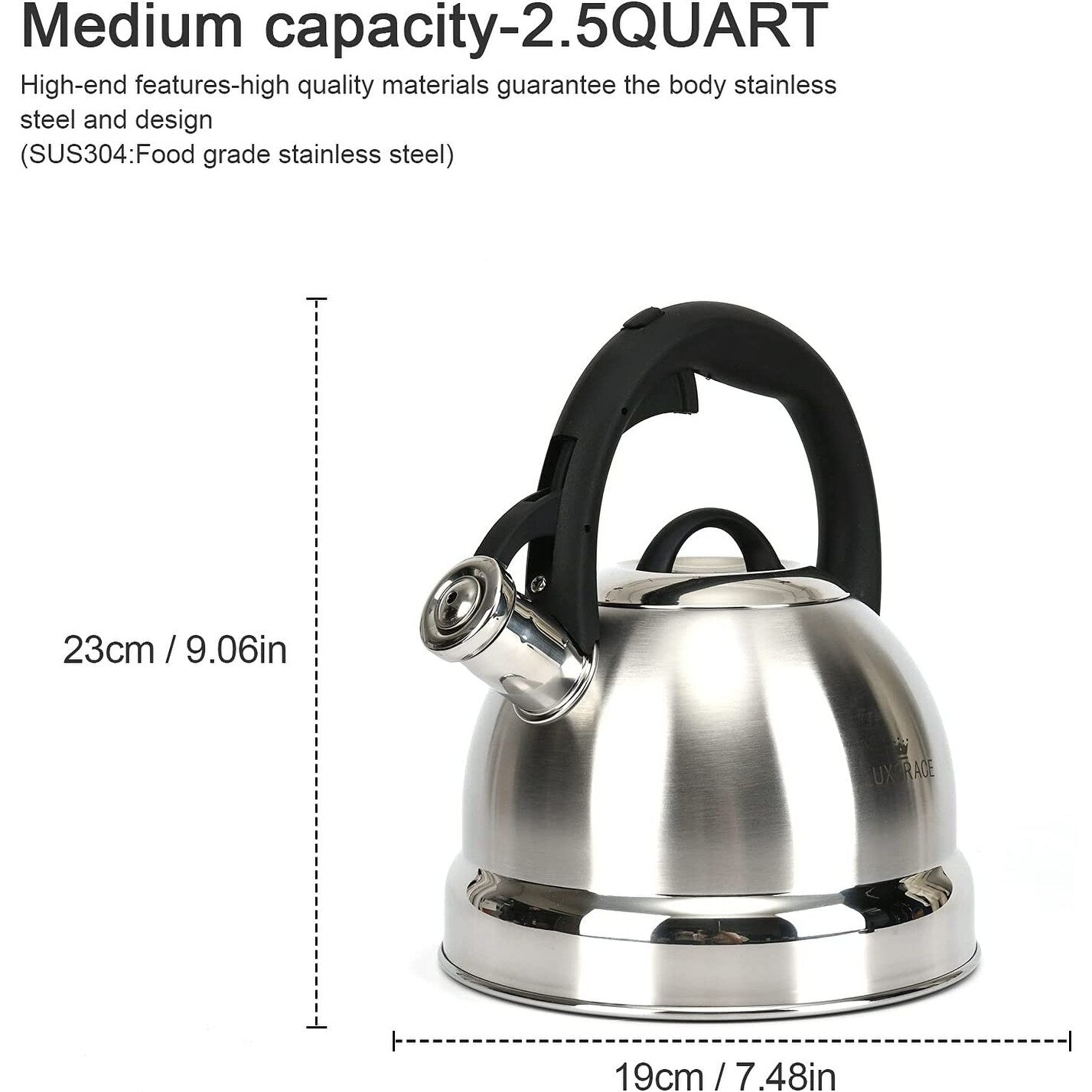 Creative Home 3.0 Qt. Stainless Steel Whistling Tea Kettle with Ergonomic Handle for Fast Boiling Heat Water, Satin Finish