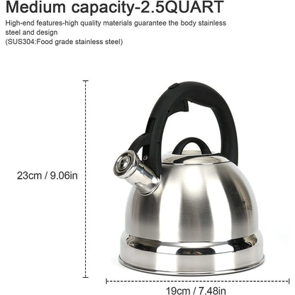 Creative Home 3.0 Qt. Stainless Steel Whistling Tea Kettle with Ergonomic Handle for Fast Boiling Heat Water, Satin Finish