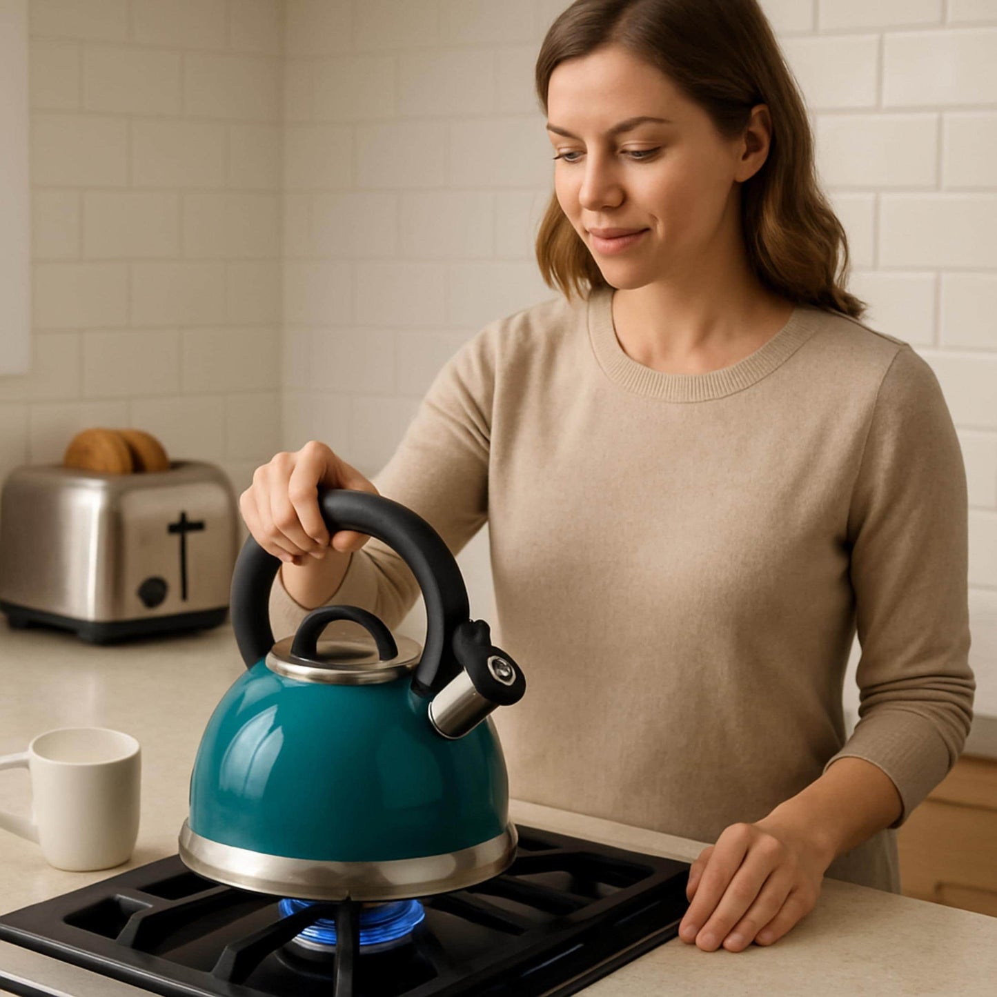 Creative Home Alexa 3.0 Quart Stainless Steel Whistling Tea Kettle with Aluminum Capsulated Bottom, Aqua Color