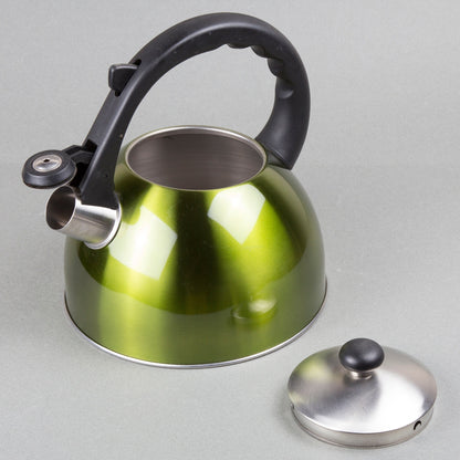 Creative Home Satin Splendor 2.8 Quart Stainless Steel Whistling Tea Kettle with Aluminum Capsulated Bottom, Metallic Chartreuse