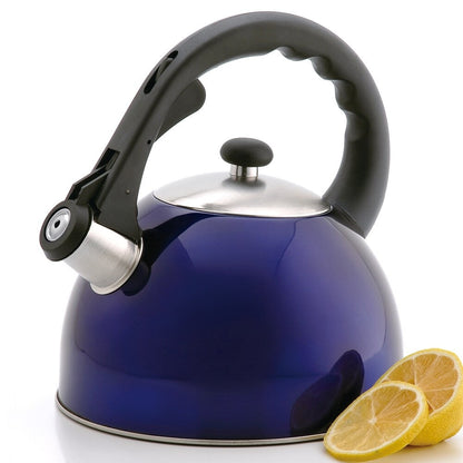 Creative Home Satin Splendor 2.8 Quart Stainless Steel Whistling Tea Kettle with Aluminum Capsulated Bottom, Metallic Blue Color
